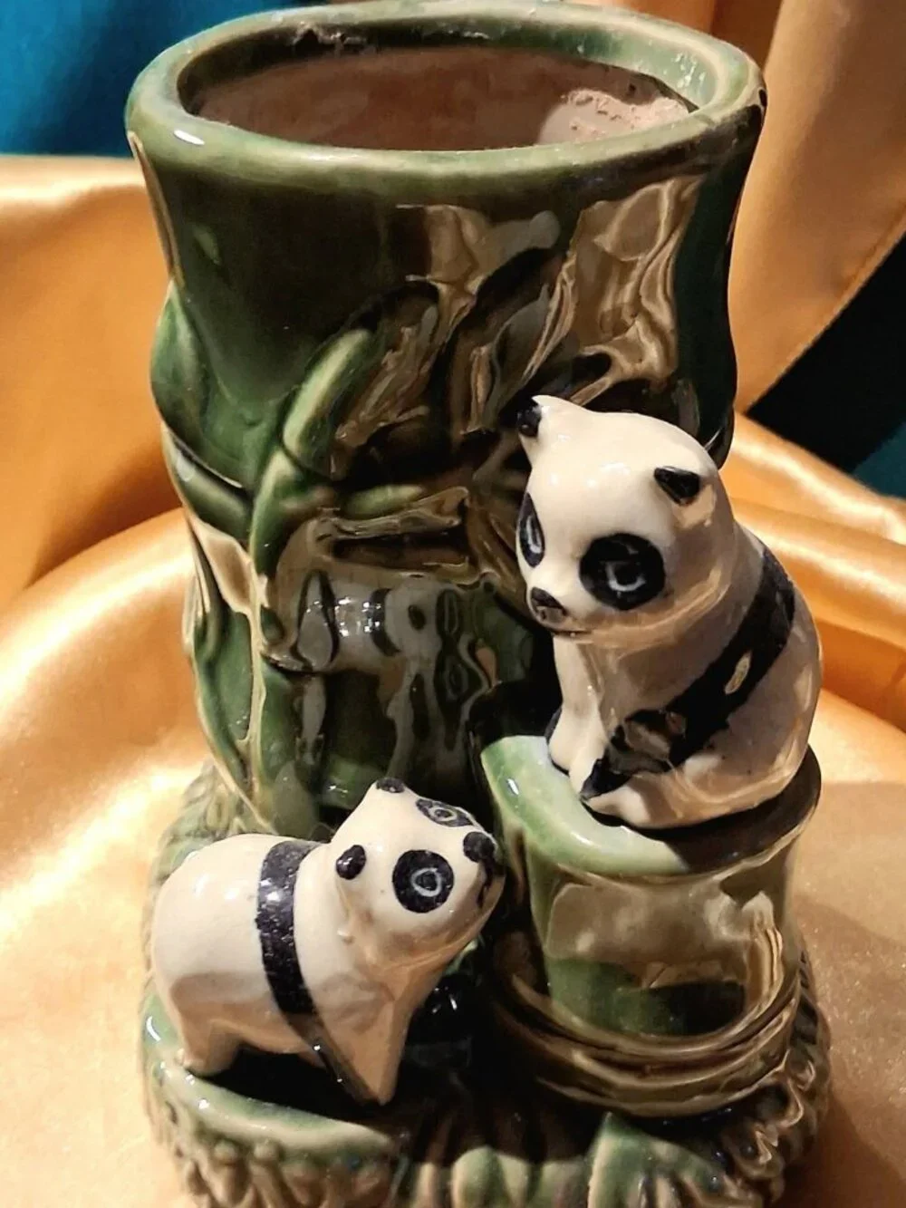 Vintage Ceramic Panda Bear & Bamboo Planter Vase | Asian Novelty Decor